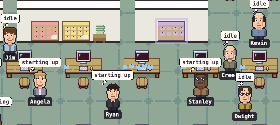 Screenshot of the middle of our real Munder Difflin office floor in the Classic view: seven agents on a green tiled floor among desks, each with a name label, Jim, Angela, Ryan, Stanley, Creed, Dwight and Kevin. Thought bubbles above them read idle and starting up.