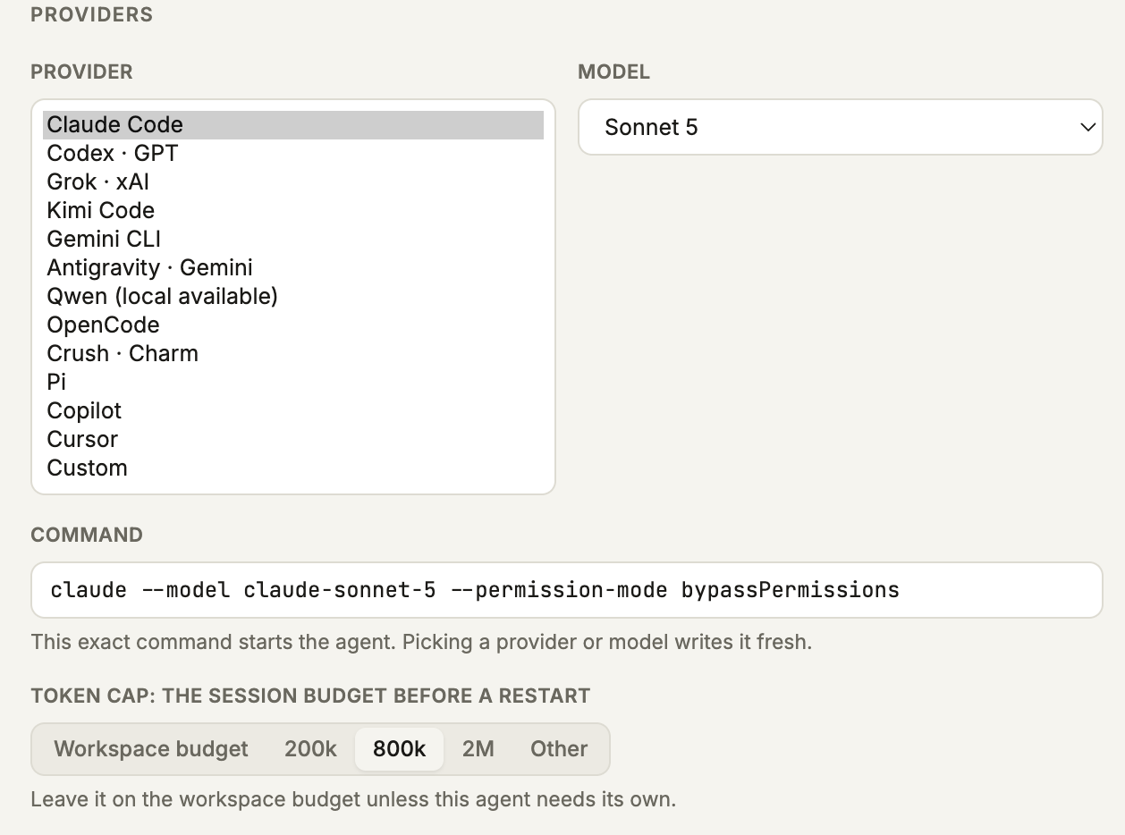Add an agent: the Provider list, Model set to Sonnet 5, the exact command, and Token cap choices with 800k selected