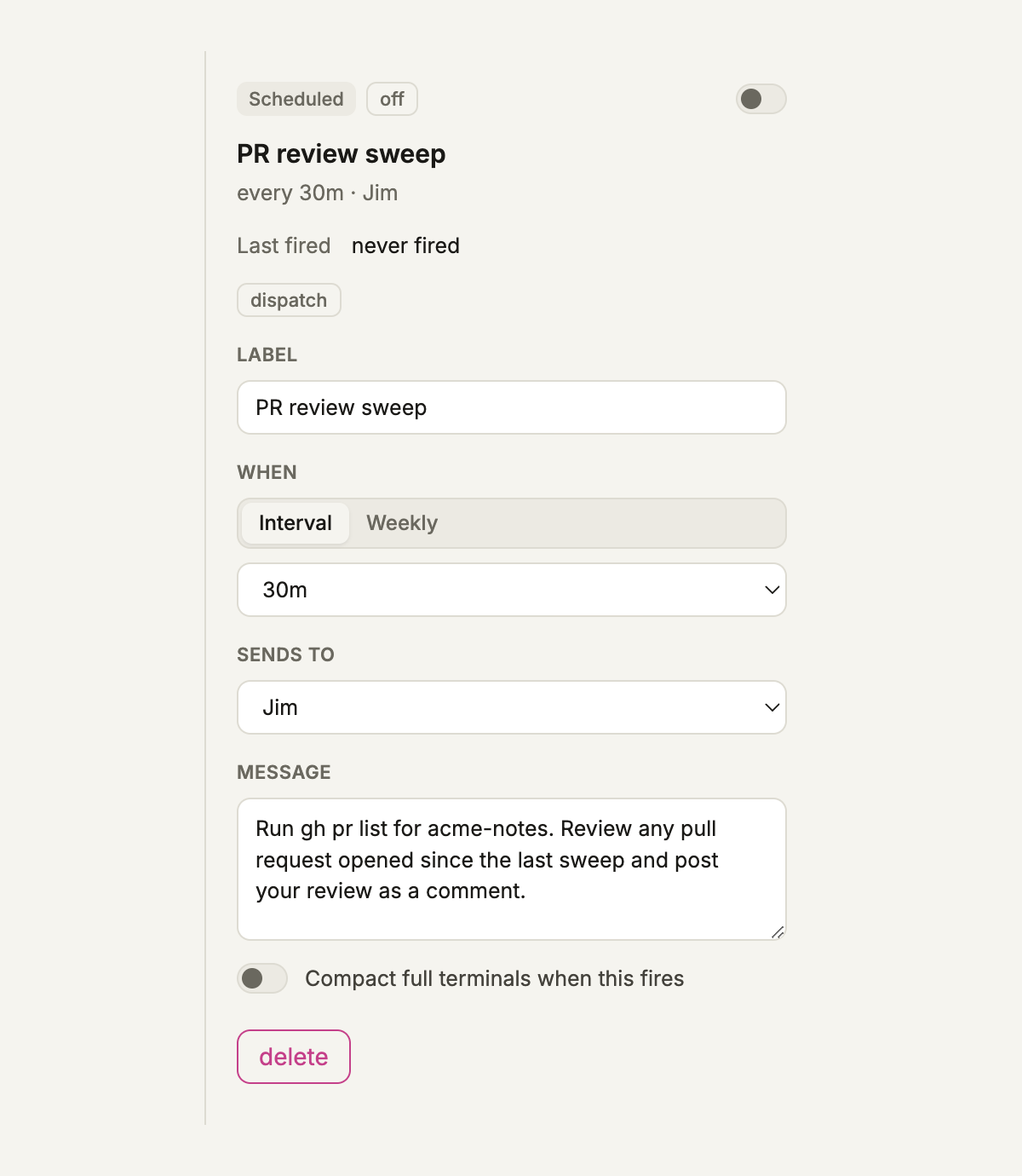 An automation named PR review sweep, every 30 minutes, sent to Jim with a message to review new pull requests