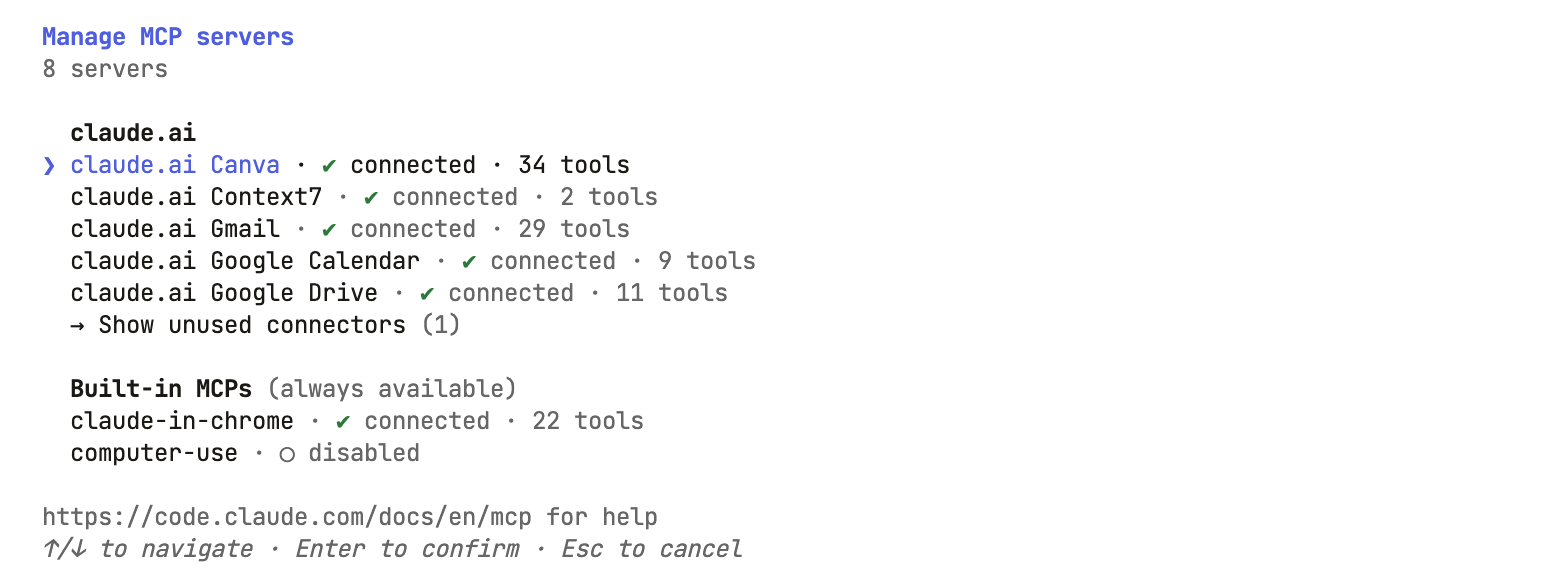 The /mcp list in a Claude Code agent's terminal showing claude.ai Gmail and Google Calendar connected