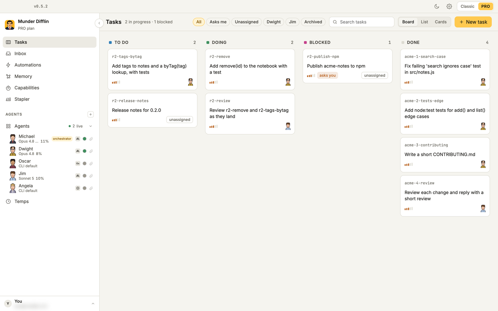 The Tasks board with Publish acme-notes to npm in Blocked, marked asks you