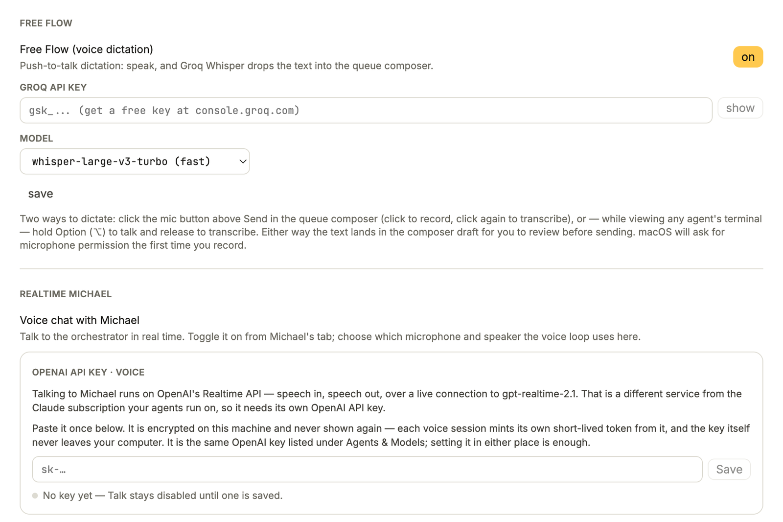 Settings, Voice: Free Flow dictation with a Groq API key field, and Realtime Michael with an OpenAI API key field