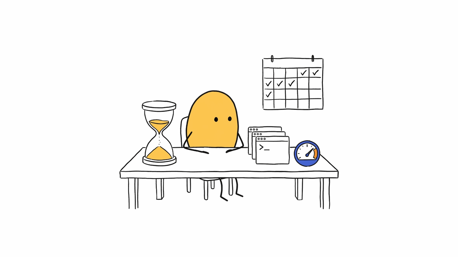 A yellow cartoon character at a desk with an hourglass, stacked terminal windows, a wall calendar with ticks and a nearly full gauge