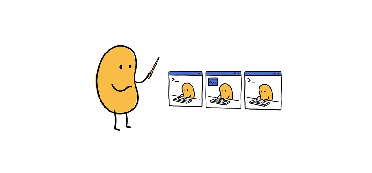A yellow cartoon character conducting three terminal windows, each with a small bean typing inside