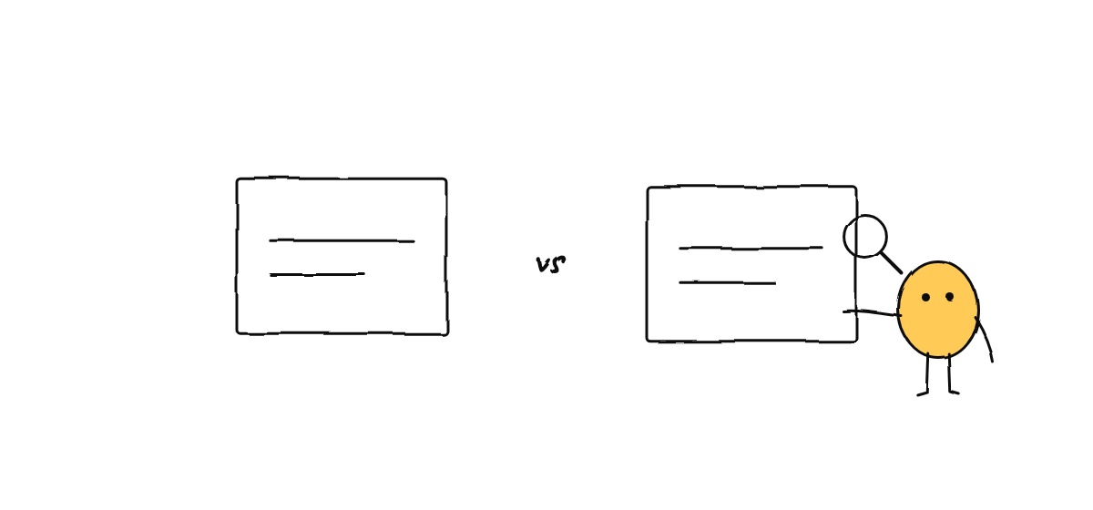 Hand drawn sketch: two windows side by side with a character inspecting one