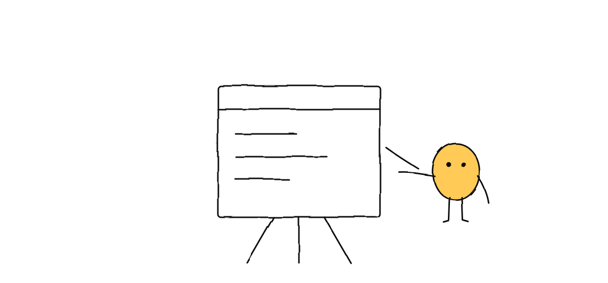 Hand drawn sketch: a character presenting a board on an easel