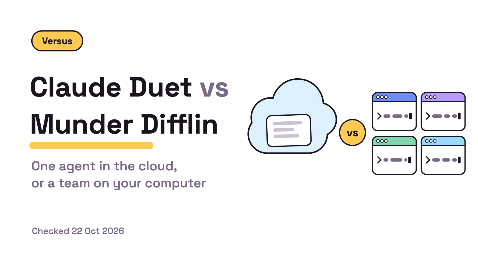Title card on white. A pill reading Versus, the title Claude Duet vs Munder Difflin, the line One agent in the cloud, or a team on your computer and a Checked 22 Oct 2026 line. On the left a cloud holds one card; on the right four small terminal windows type, with a yellow vs chip between them.