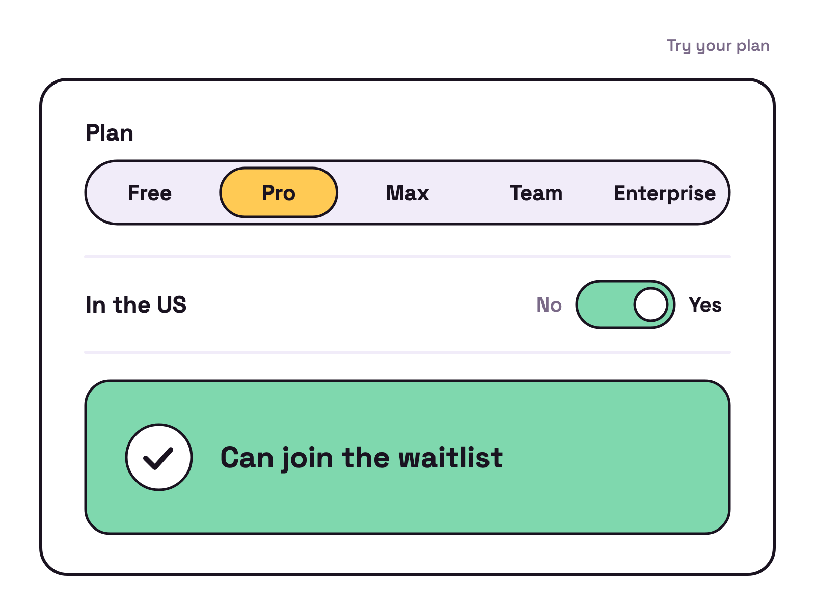 Animation. An eligibility checker with a plan picker for Free, Pro, Max, Team and Enterprise and an In the US switch. Pro or Max in the US shows Can join the waitlist. Team or Enterprise shows Not included yet, Free shows Needs Pro or Max, and outside the US it shows Starting with the US.