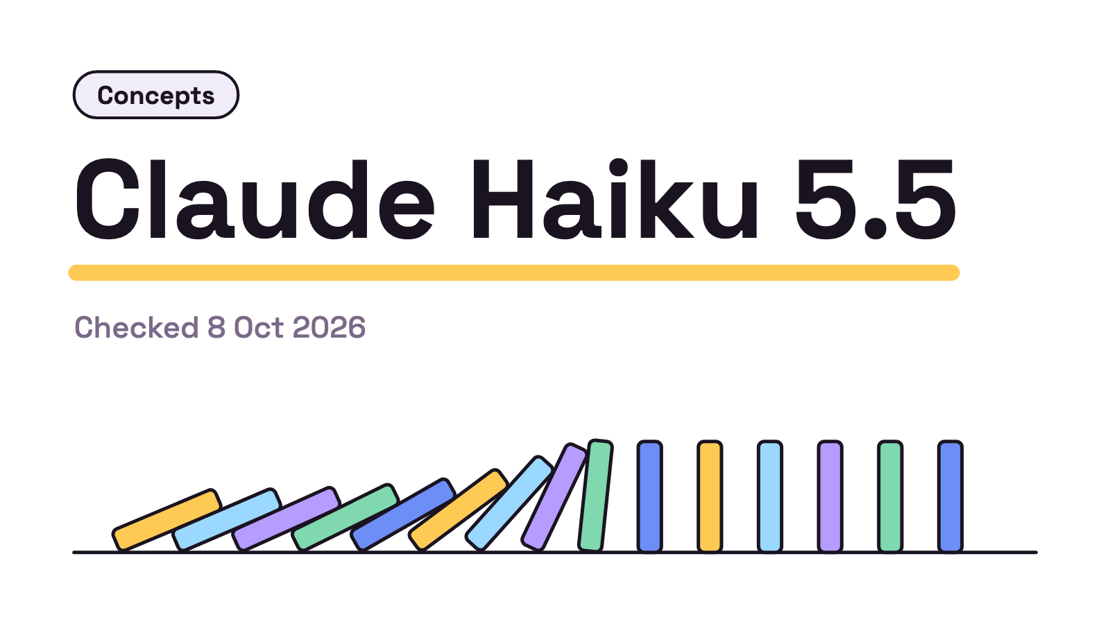 Title card on white. Claude Haiku 5.5 in large ink type over a yellow underline, a Concepts kicker, the line Checked 8 Oct 2026, and a row of coloured dominoes part way through falling