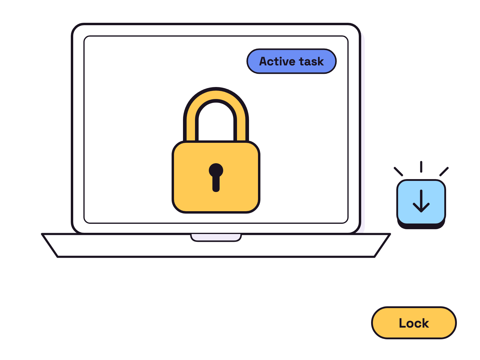Animation. A white laptop screen shows a large yellow padlock. A small blue tag reading Active task appears and the padlock opens briefly while a lilac cover spreads over the screen, then the padlock snaps shut again when a key press icon appears.