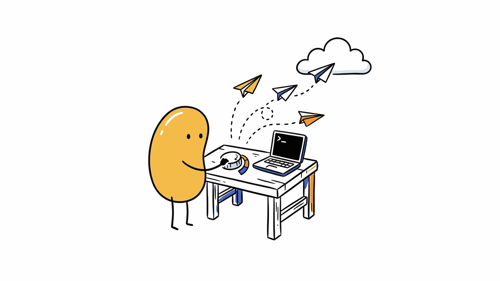A yellow cartoon character turning a big dial all the way up at a workbench while paper planes fly from a laptop to a cloud