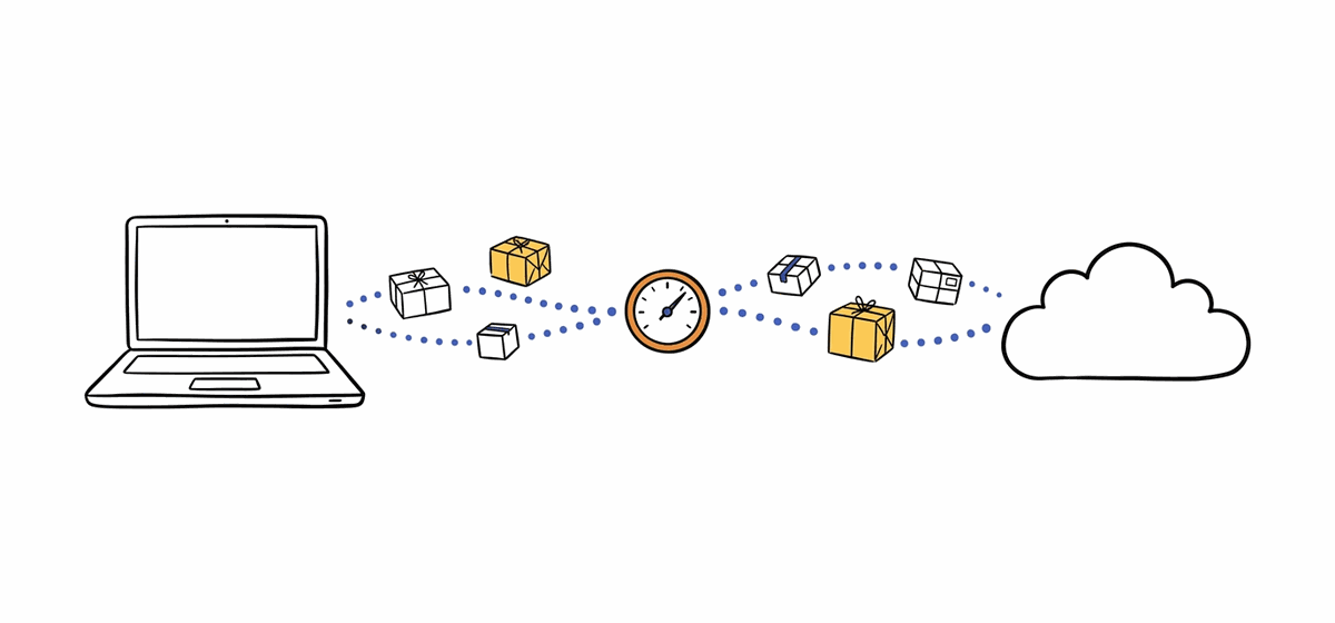 Parcels travelling between a laptop and a cloud along a dotted path, past a small meter