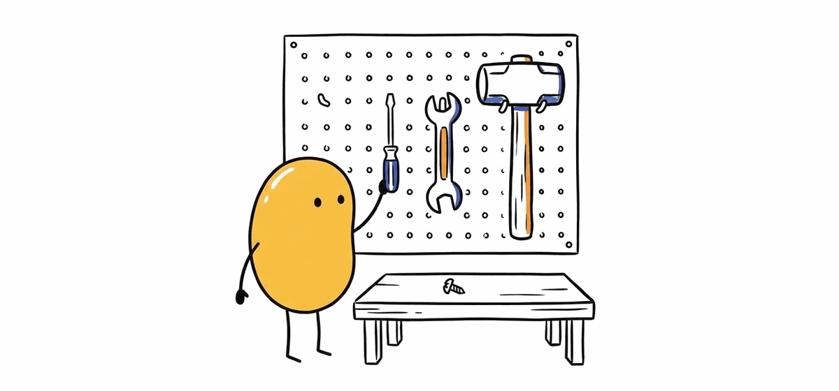 A yellow cartoon character reaching for a small screwdriver on a pegboard that also holds a wrench and a sledgehammer