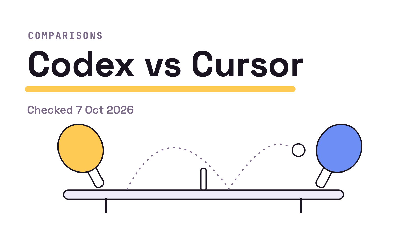 Title card on white. Codex vs Cursor in large ink type, with a Comparisons kicker, Checked 7 Oct 2026, and two table tennis bats sending a ball over a net