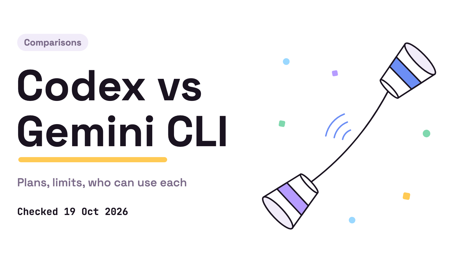 Title card on white. The title Codex vs Gemini CLI in large ink type over a yellow underline, a Comparisons pill, a kicker reading Plans, limits, who can use each, a Checked 19 Oct 2026 line and a paper cup string telephone.