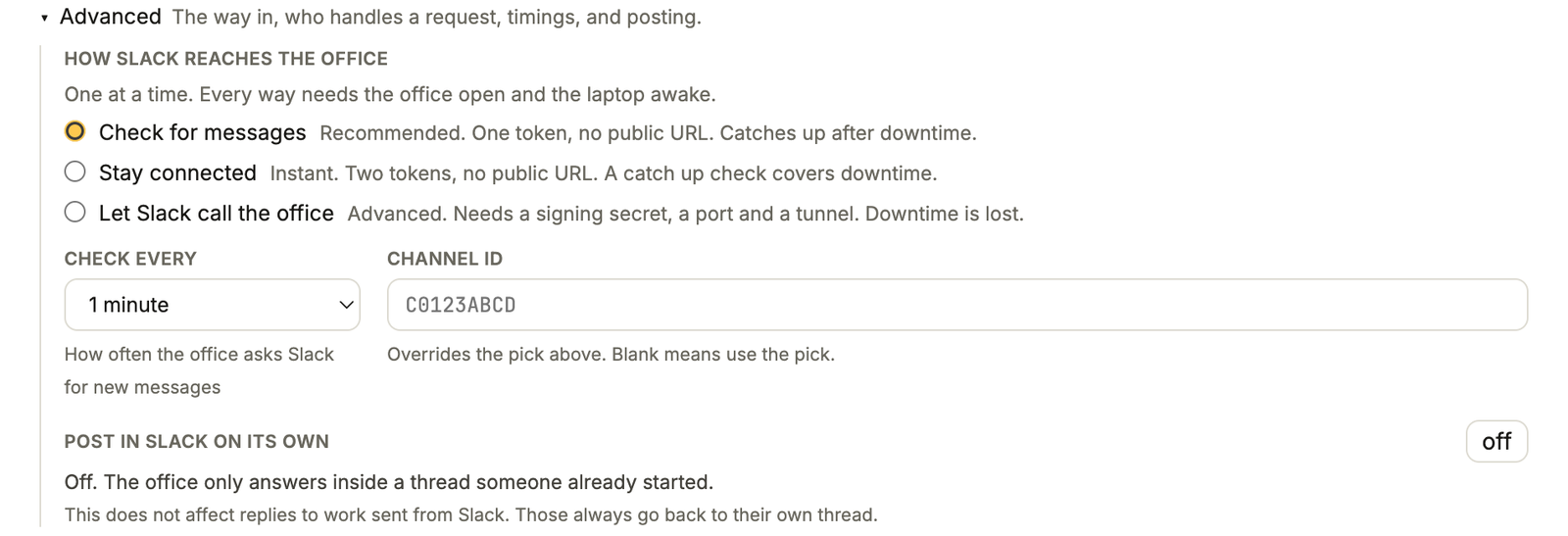 How Slack reaches the office: Check for messages, Stay connected and Let Slack call the office, with Check every and Channel ID
