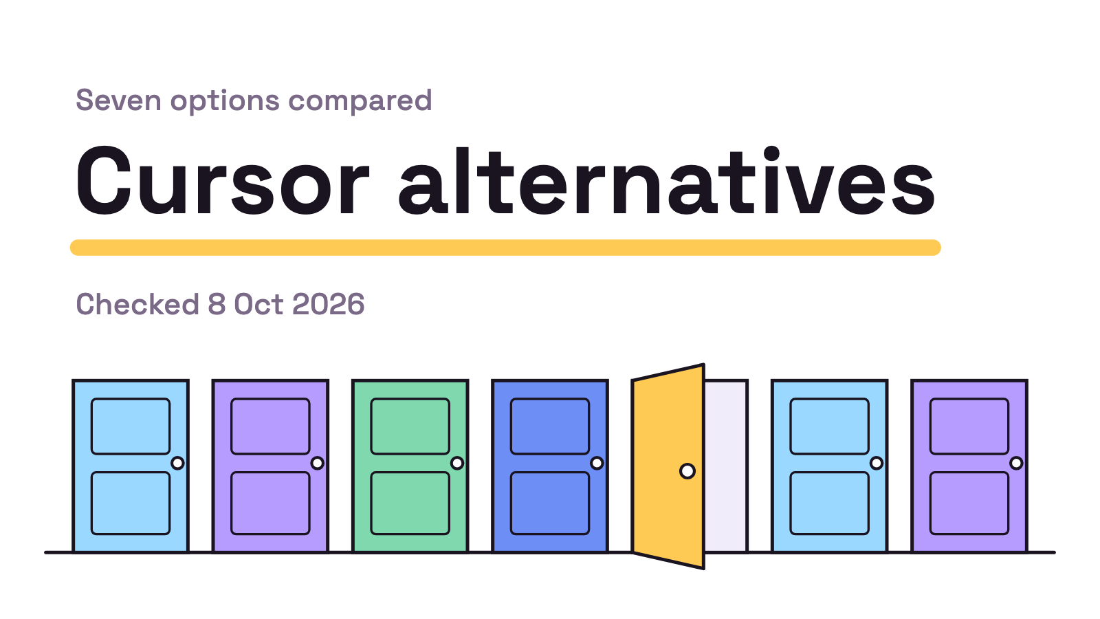 Title card on white. Cursor alternatives in large ink type above a row of seven coloured doors, one of them ajar