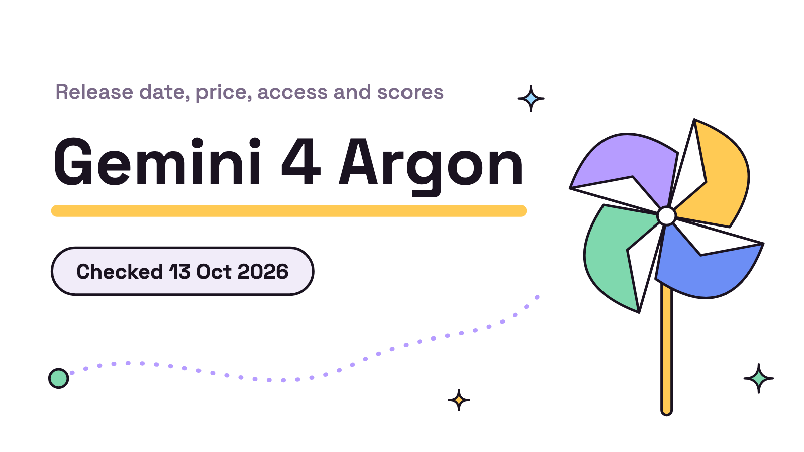 Title card on white. Gemini 4 Argon in large ink type over a yellow underline, with a kicker reading Release date, price, access and scores, a pill reading Checked 13 Oct 2026, and a paper pinwheel on a stick.