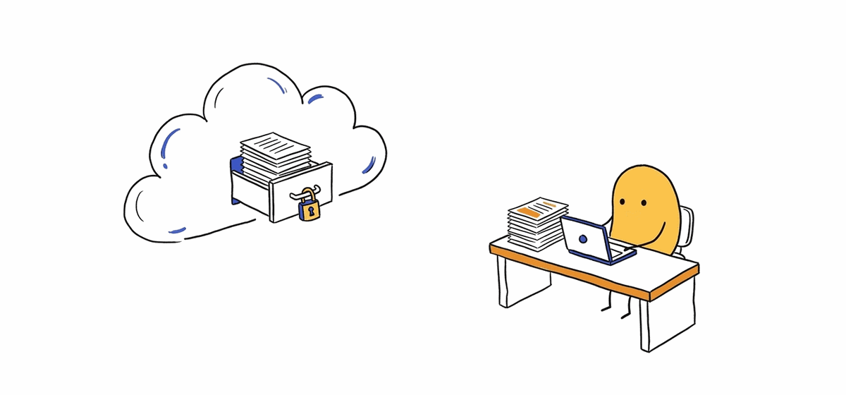 Papers locked in a drawer inside a faraway cloud, next to the same papers on a desk beside a laptop