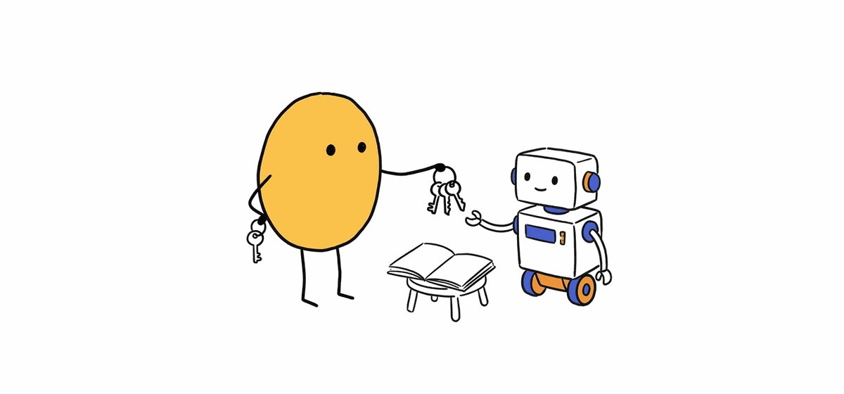A yellow cartoon character hands a ring of keys to a small robot helper while keeping one key back, with an open notebook between them