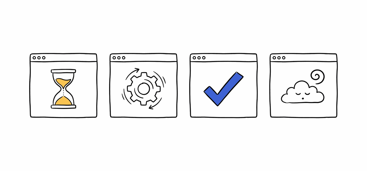 Four terminal windows showing an hourglass, a spinning gear, a check mark and a sleeping cloud
