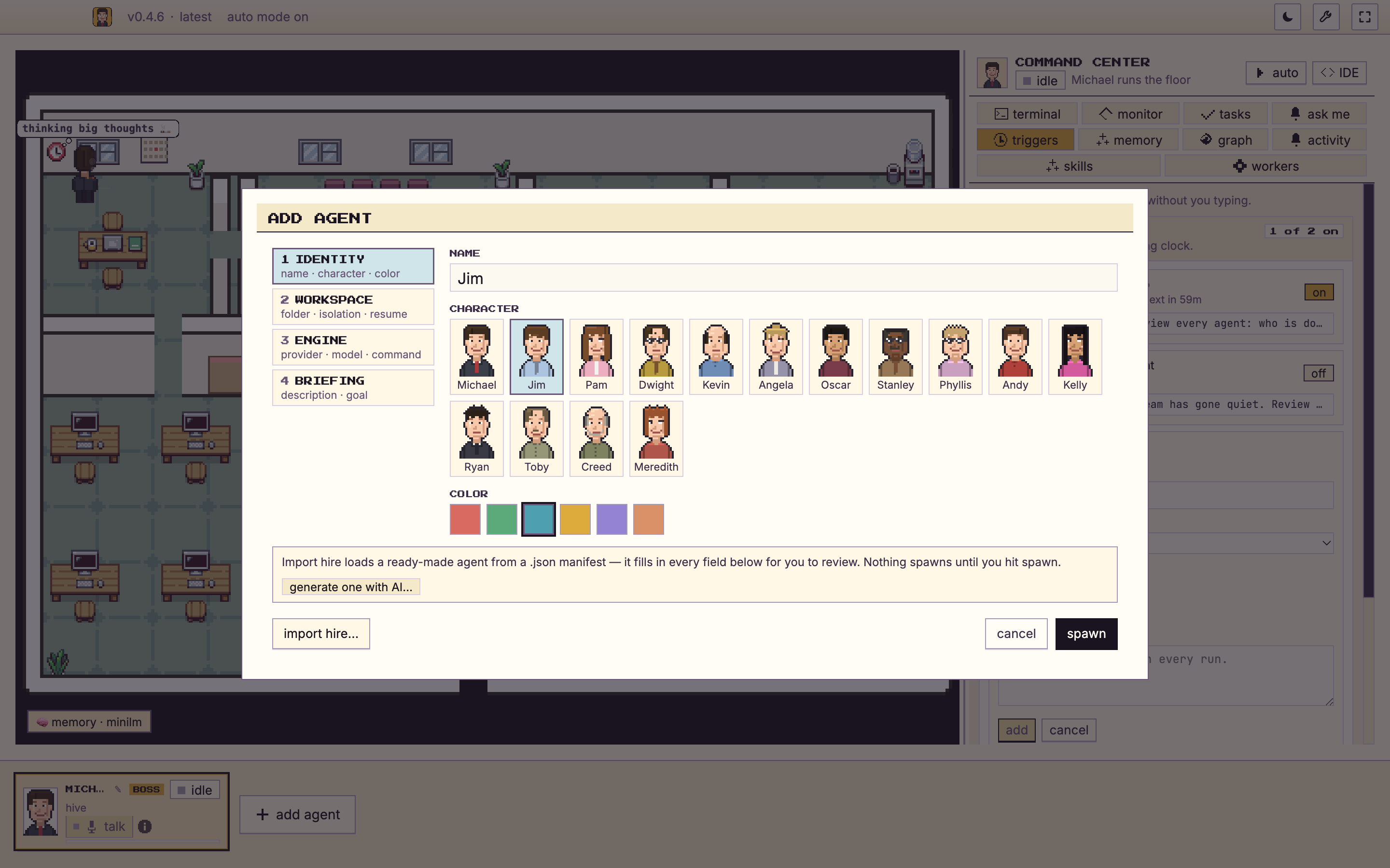 The Add Agent panel showing the identity step, a name field, and a grid of selectable Office characters