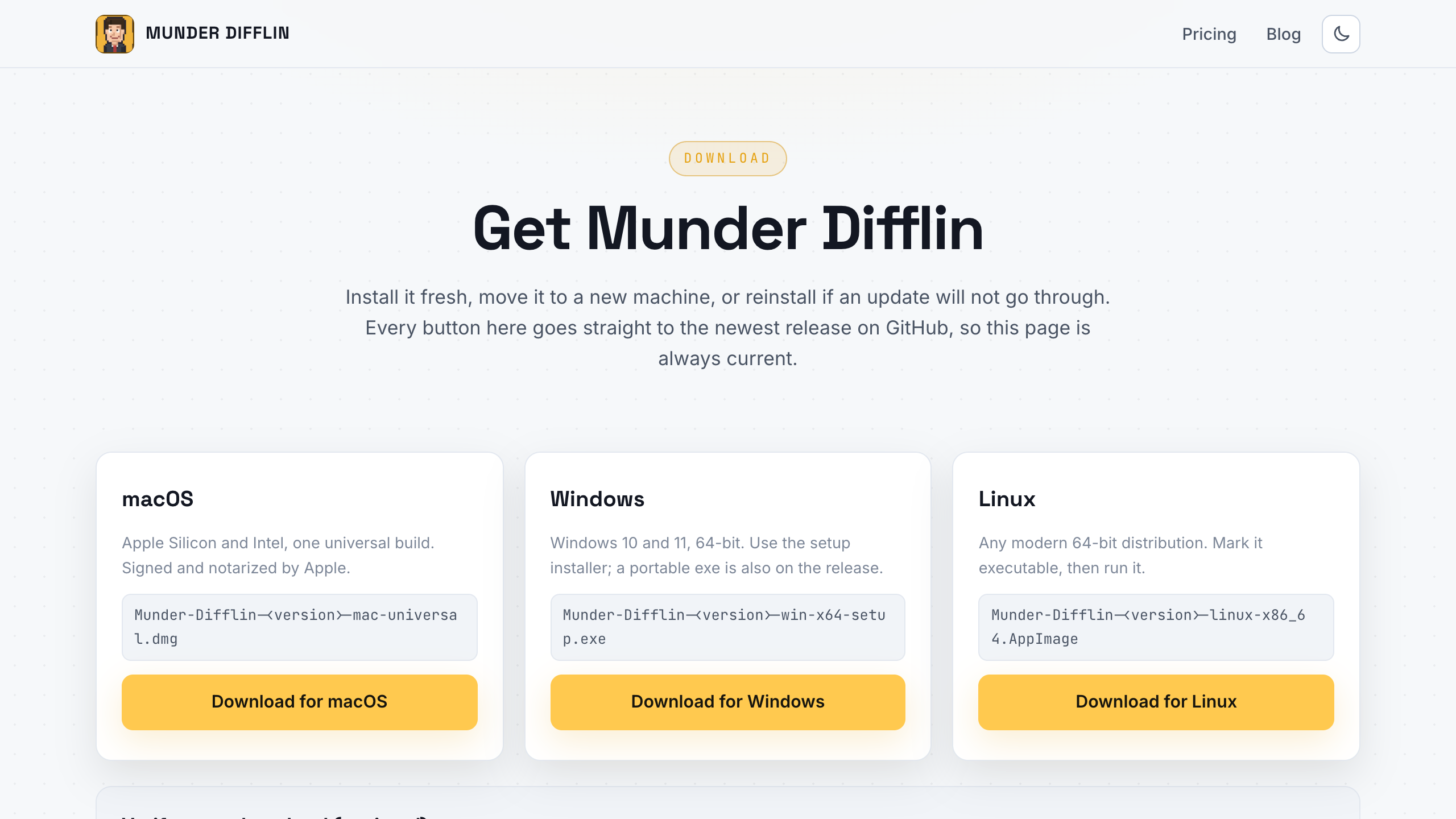 The Munder Difflin download page showing builds for macOS, Windows and Linux