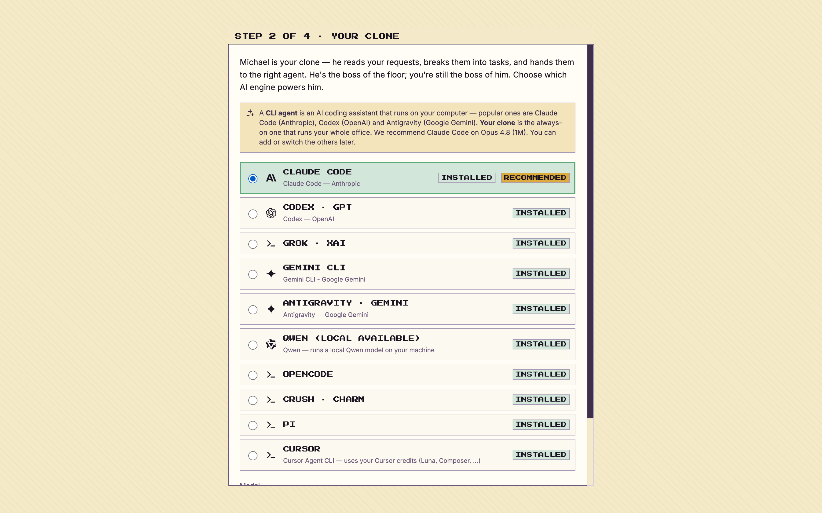 The onboarding step for naming your clone and picking its AI engine