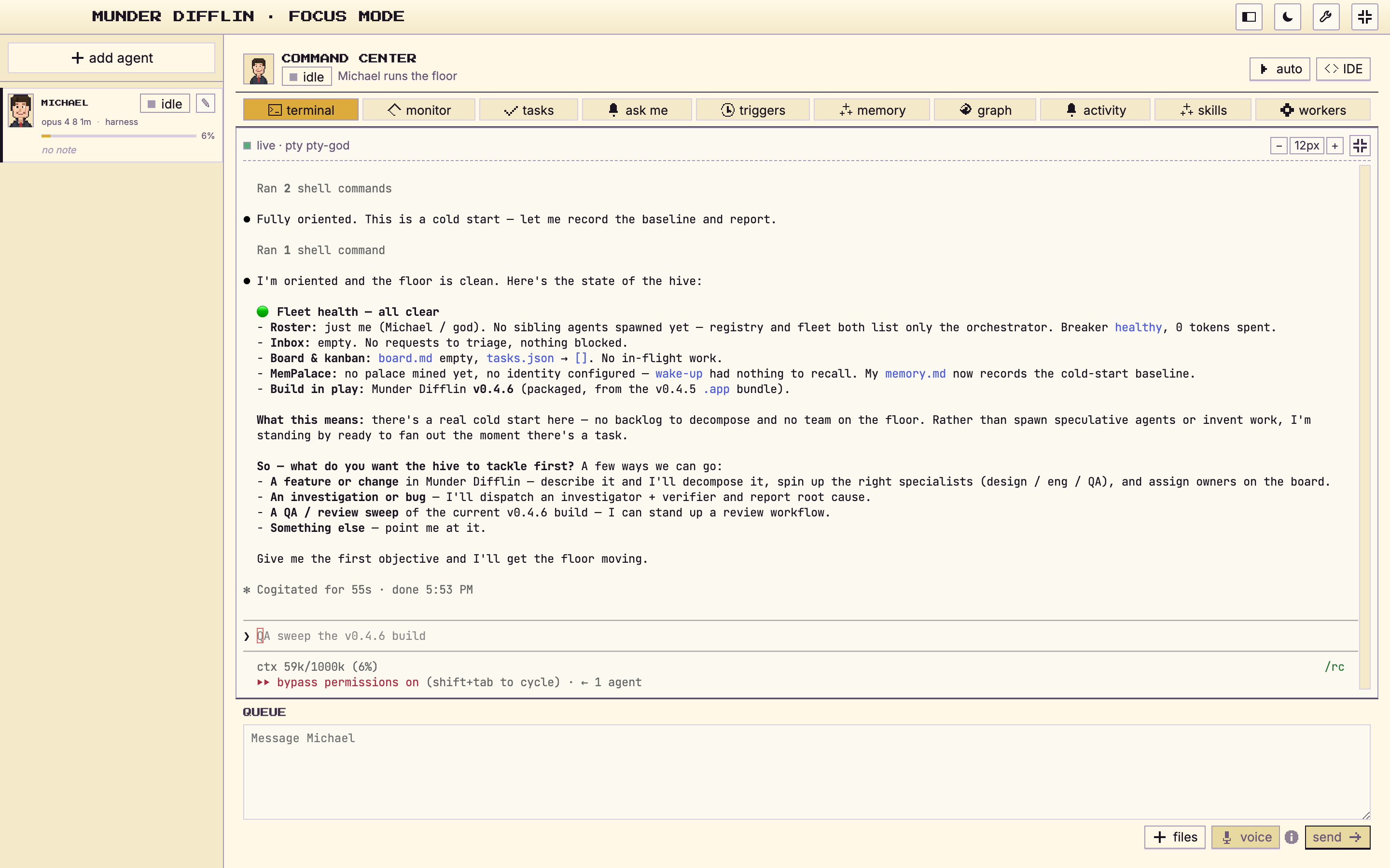 Munder Difflin in focus mode, showing a single agent's terminal at full width with the agent list on the left