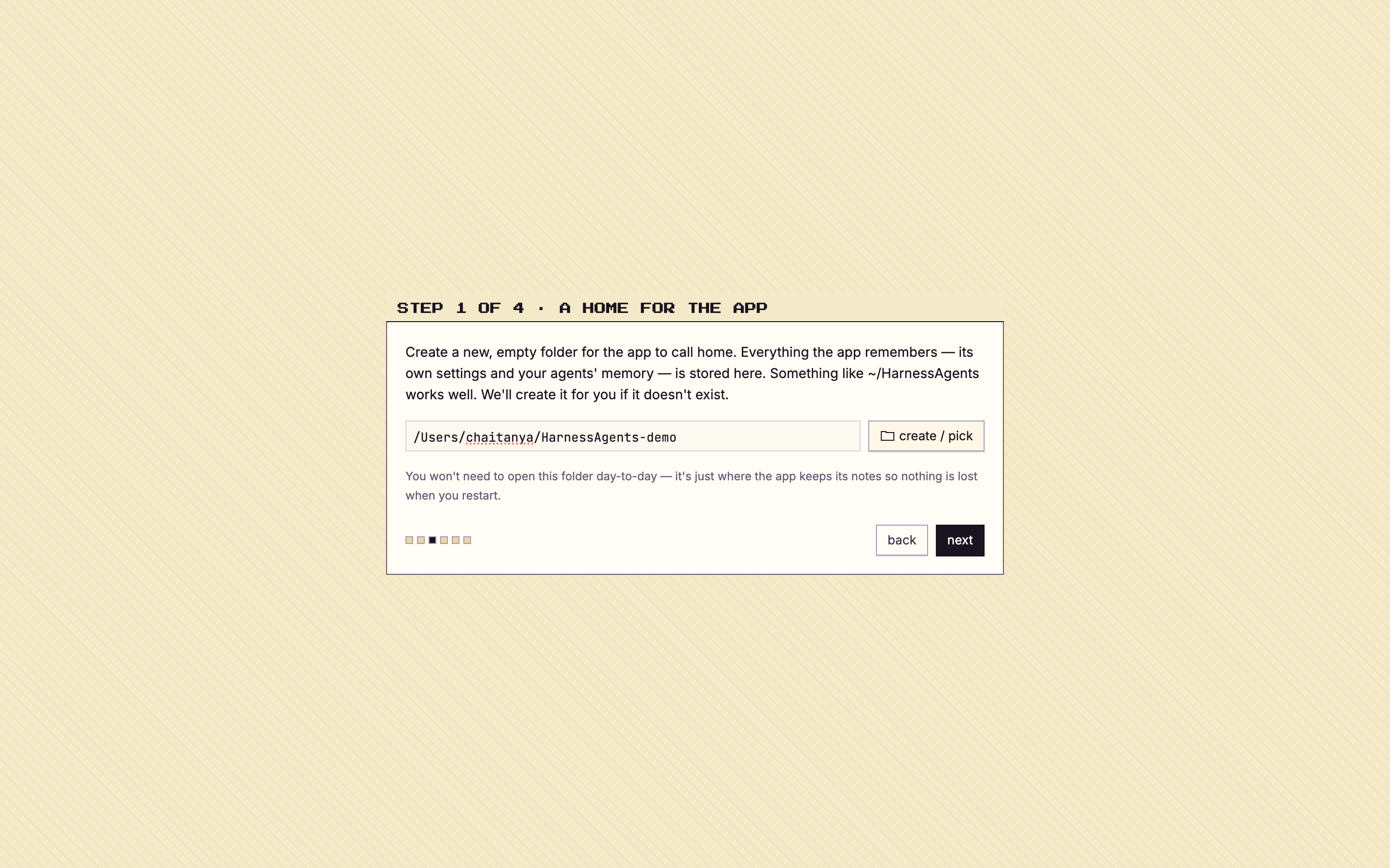 The onboarding step for choosing an empty home folder for the app