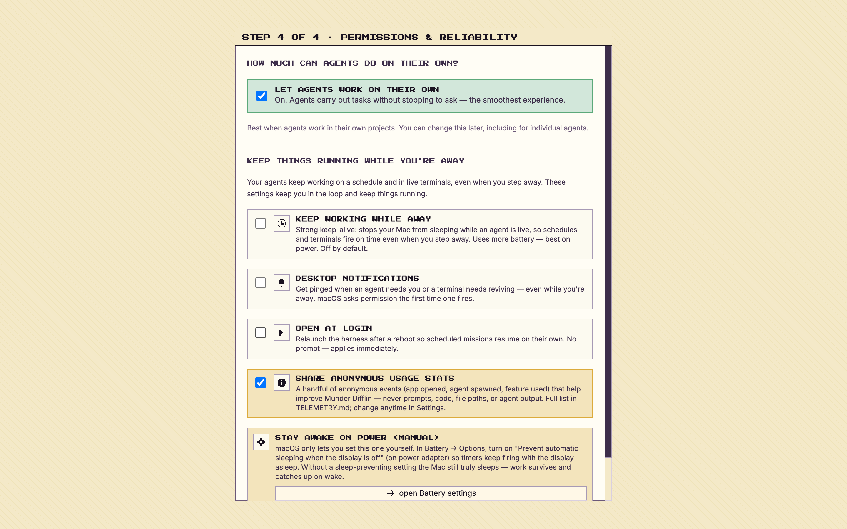 The onboarding step choosing how much agents can do on their own