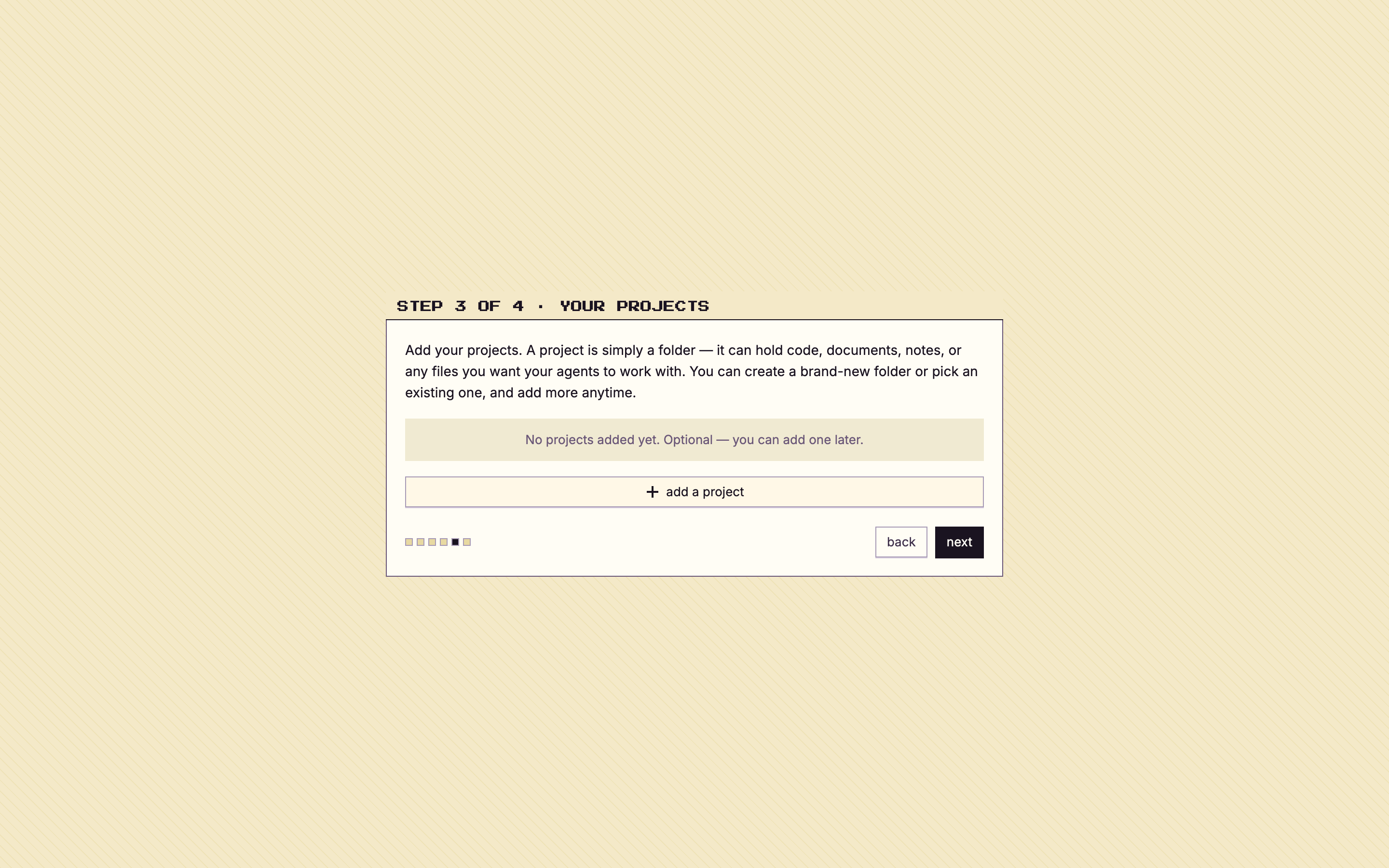 The onboarding step for adding a project folder