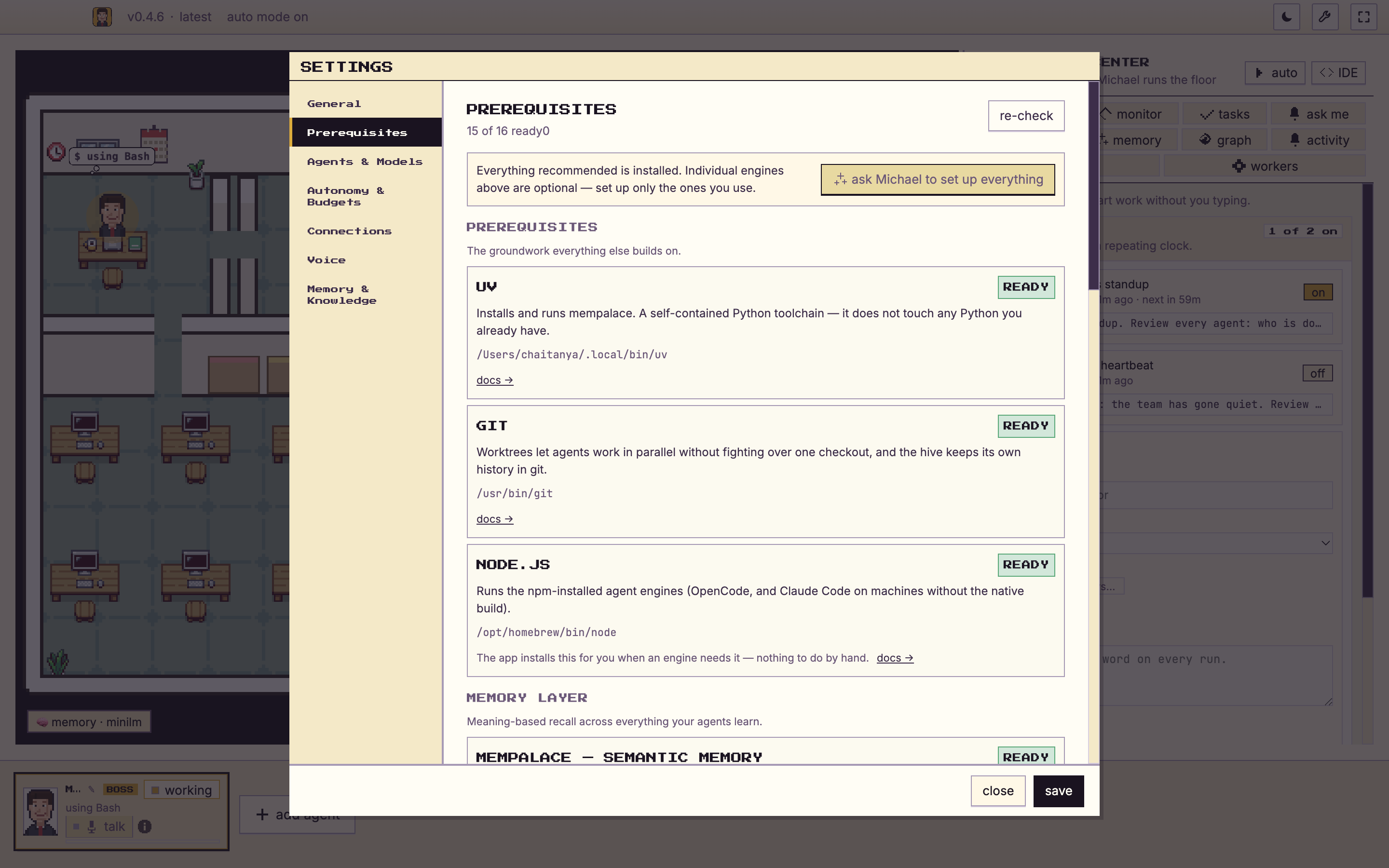 The Munder Difflin settings panel with the Prerequisites section open, listing uv, git and Node.js as ready