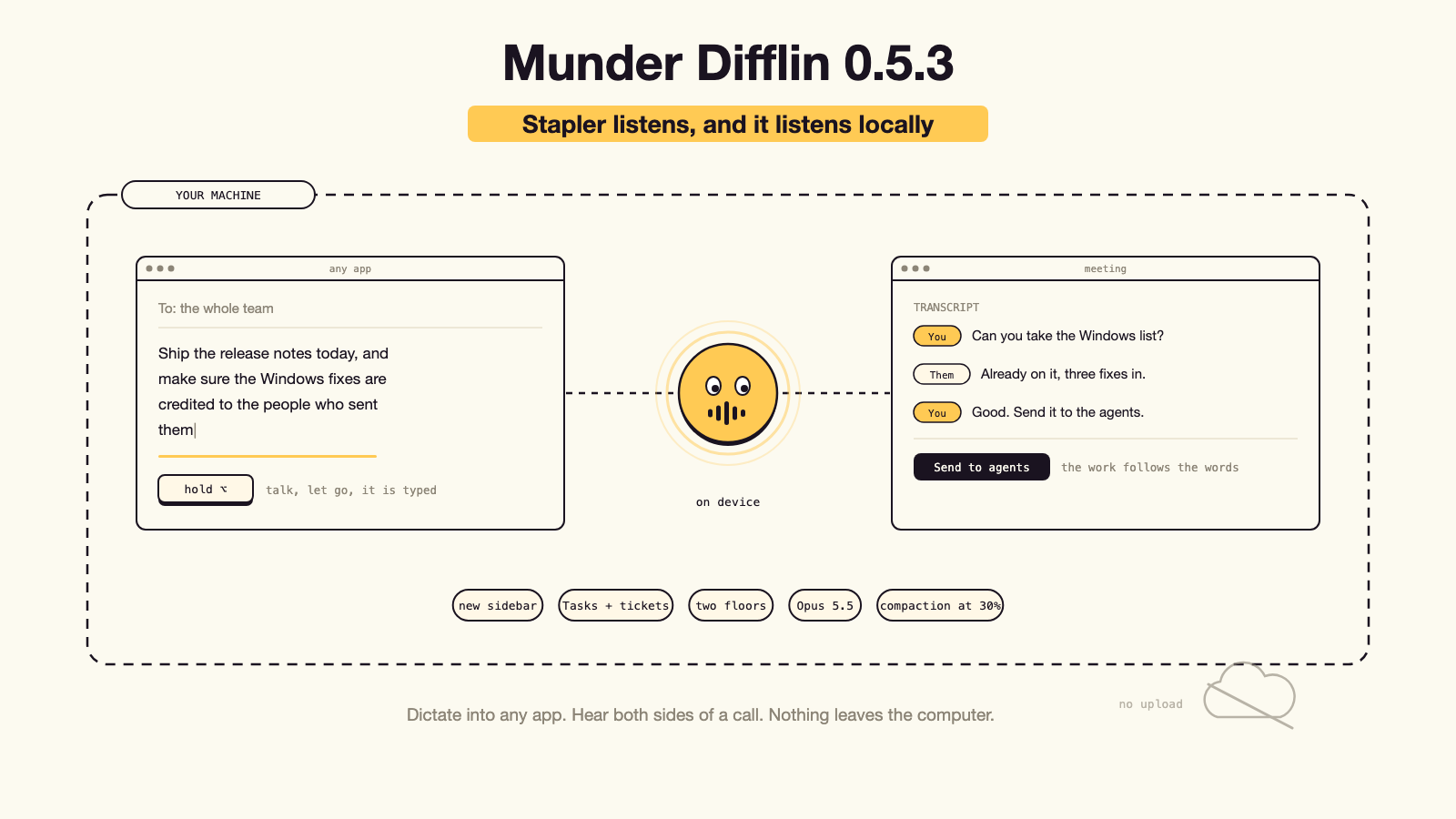Munder Difflin 0.5.3: Stapler Listens, And It Listens Locally
