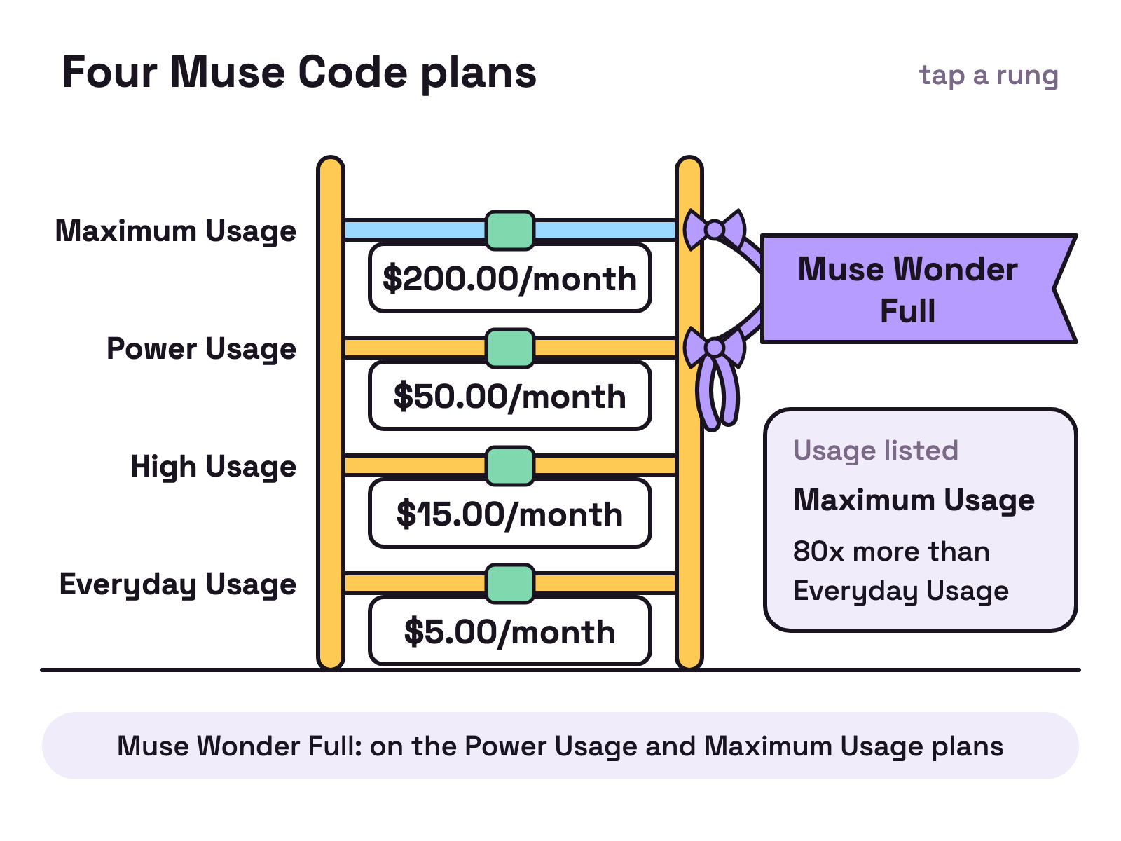 Animation. A ladder with four rungs labelled Everyday Usage, High Usage, Power Usage and Maximum Usage. Cards reading $5.00/month, $15.00/month, $50.00/month and $200.00/month clip onto the rungs from the bottom up. Then a ribbon reading Muse Wonder Full ties onto the Power Usage and Maximum Usage rungs. A note beside the ladder gives the usage listed for one plan at a time.