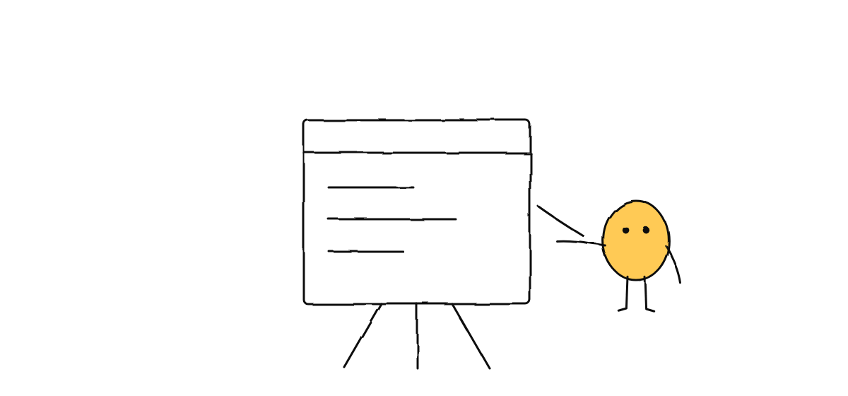 Hand drawn sketch: a yellow character pointing at a board with a short list