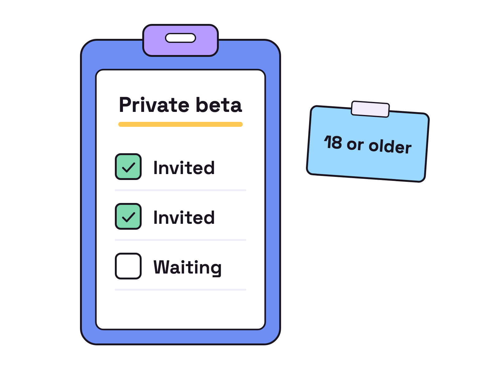 Animation. On a white background, a clipboard titled Private beta shows a guest list. Two rows read Invited and get a tick; a third row reads Waiting and keeps an empty box. A small note beside it reads 18 or older. Tapping the clipboard flips it to a second page that reads Price not published.