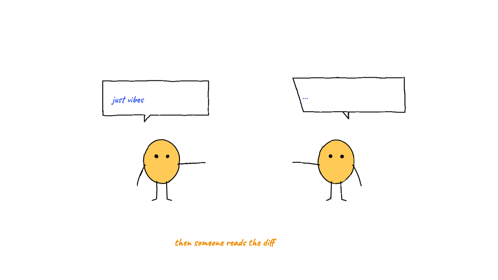 Hand drawn sketch: two yellow characters talking, one saying just vibes, captioned then someone reads the diff