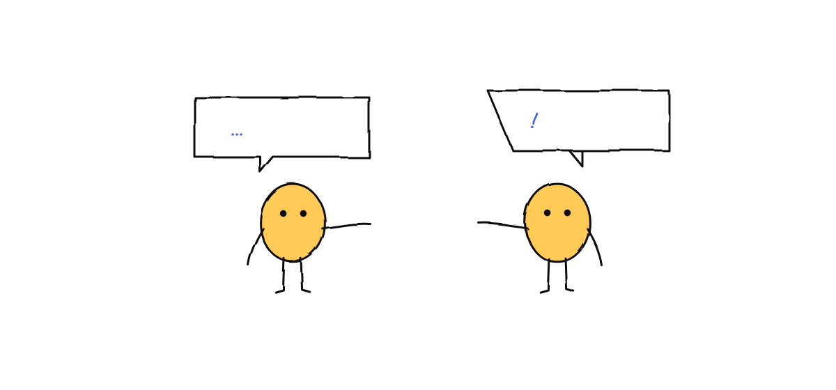 Hand drawn sketch: two characters exchanging speech bubbles