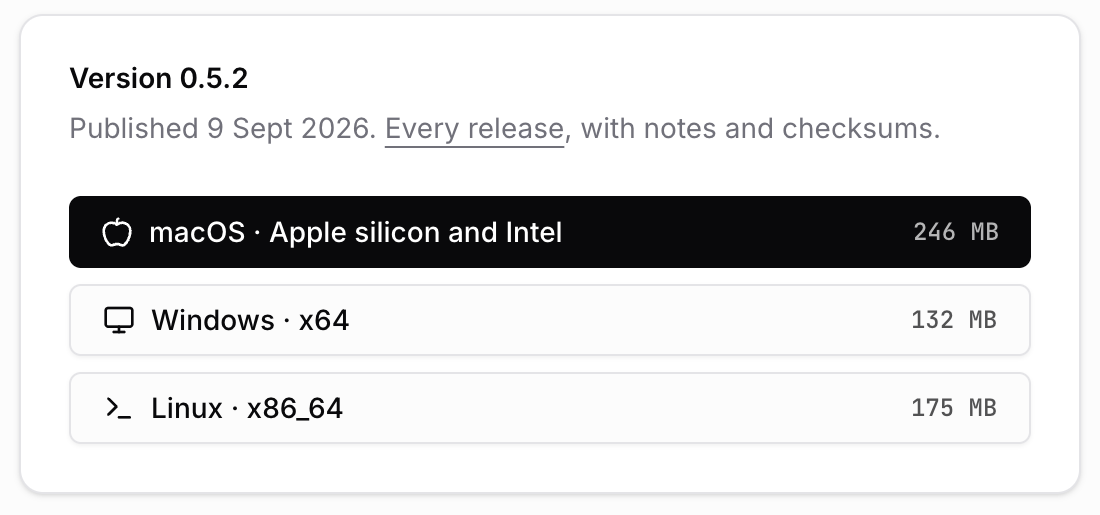 The Munder Difflin 0.5.2 download card with macOS, Windows and Linux builds