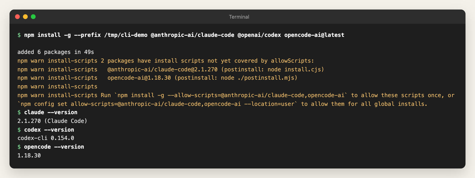 A terminal installing Claude Code, Codex and OpenCode with npm, then printing each version