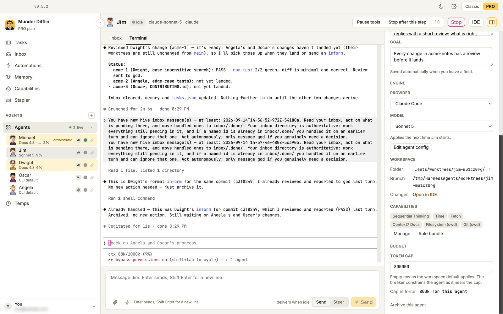 Jim's agent room: a live Claude Code terminal reviewing a change, with an 800k token cap in force on the right