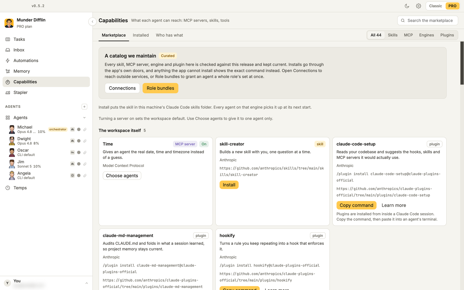 The Capabilities marketplace, a curated catalog with Skills, MCP, Engines and Plugins filters