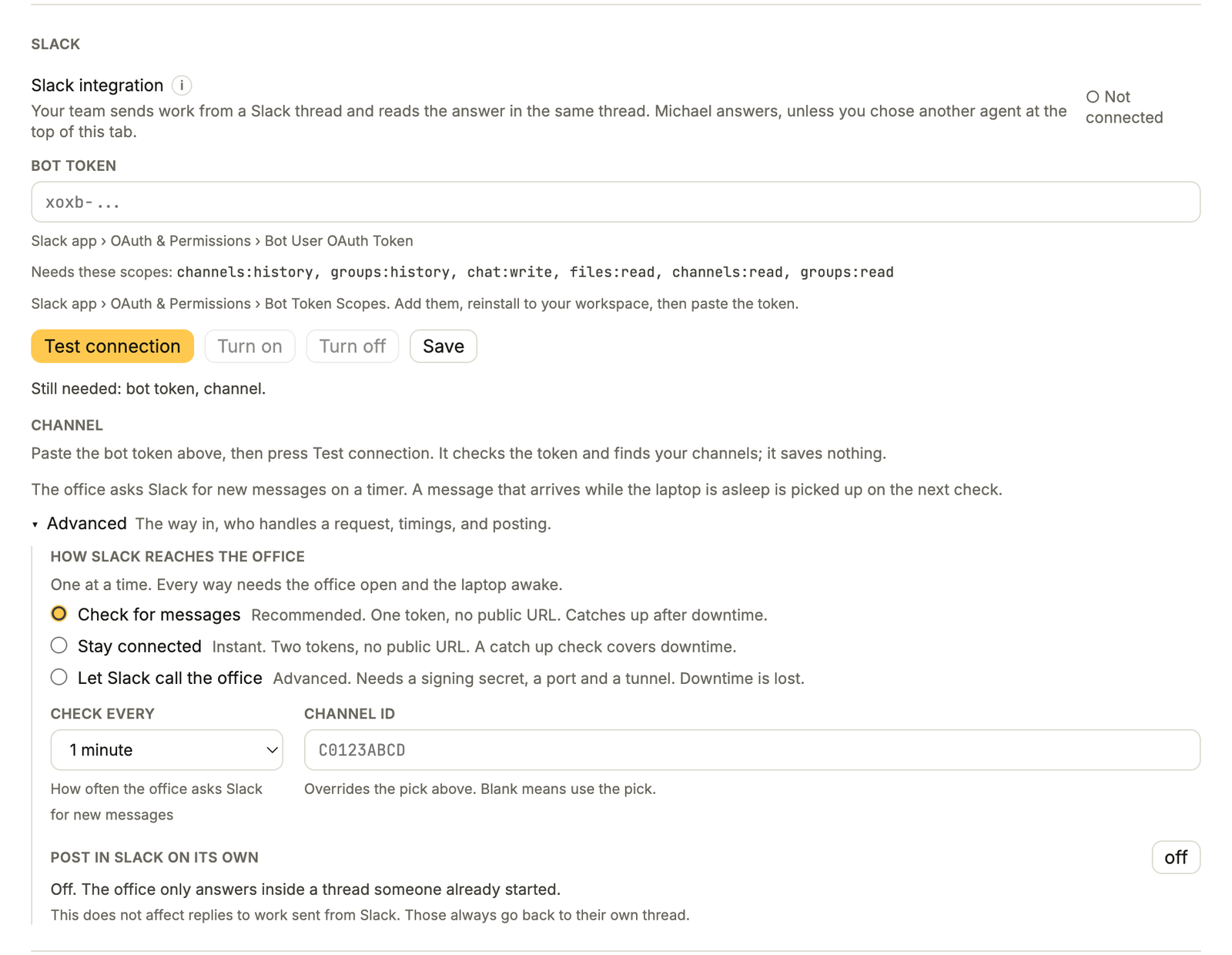 The Slack card in Settings, Connections with the bot token field, required scopes and the three ways Slack reaches the office